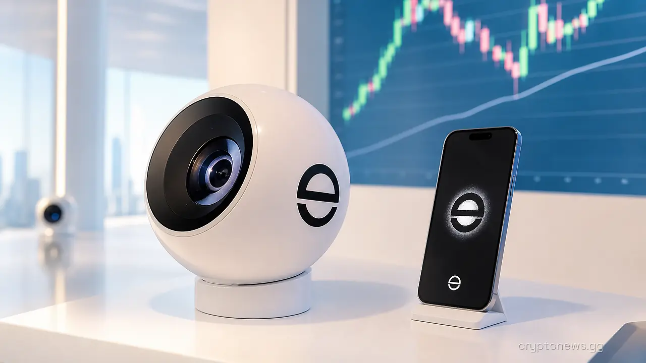 A spherical Orb iris-scanning device on a counter beside a phone showing a digital ID, a price chart on the wall behind