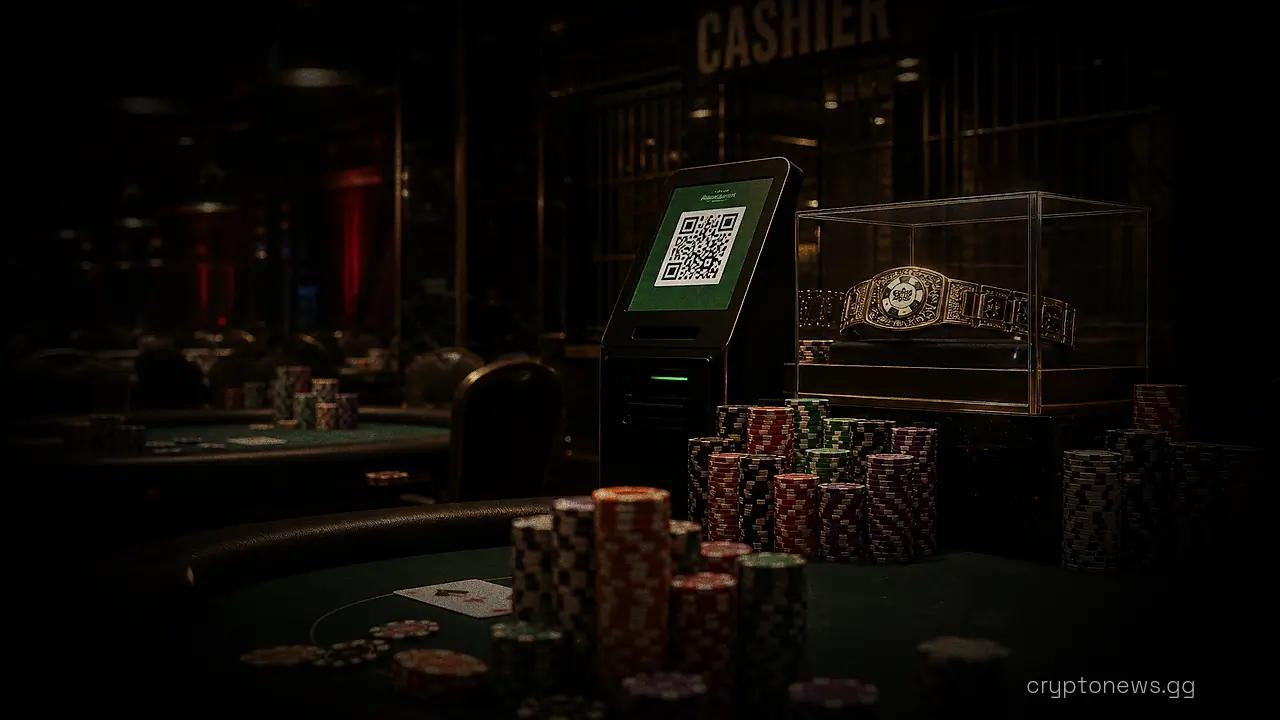 Casino poker tables with chip racks near a cashier cage payment kiosk and QR checkout screen