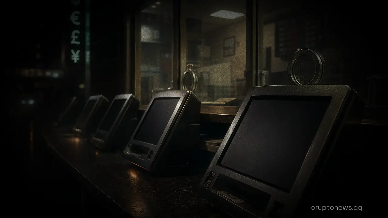 Idle money-transfer terminals along the counter of an empty currency exchange bureau with an unattended service window