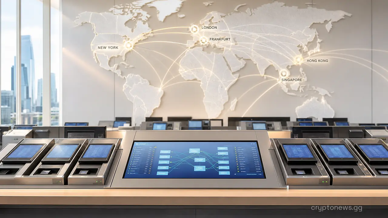 Interbank settlement floor with payment terminals facing a wall map of global financial centers linked by routing lines