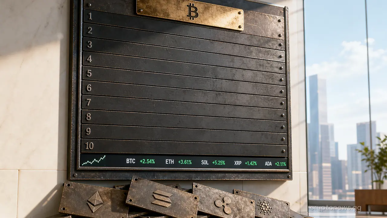 A wall-mounted crypto market-cap leaderboard with tarnished nameplates fallen below and one worn nameplate fixed at the top
