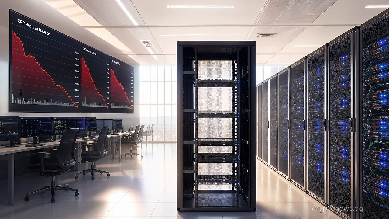 Server aisles in a crypto exchange data hall, one aisle thinner than the rest, with wall terminals showing XRP charts