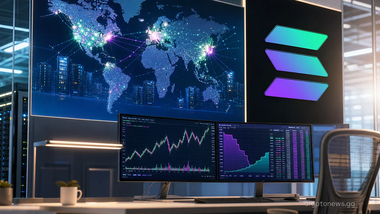 World map of clustered Solana validator nodes on an operations wall beside server racks and a trading terminal