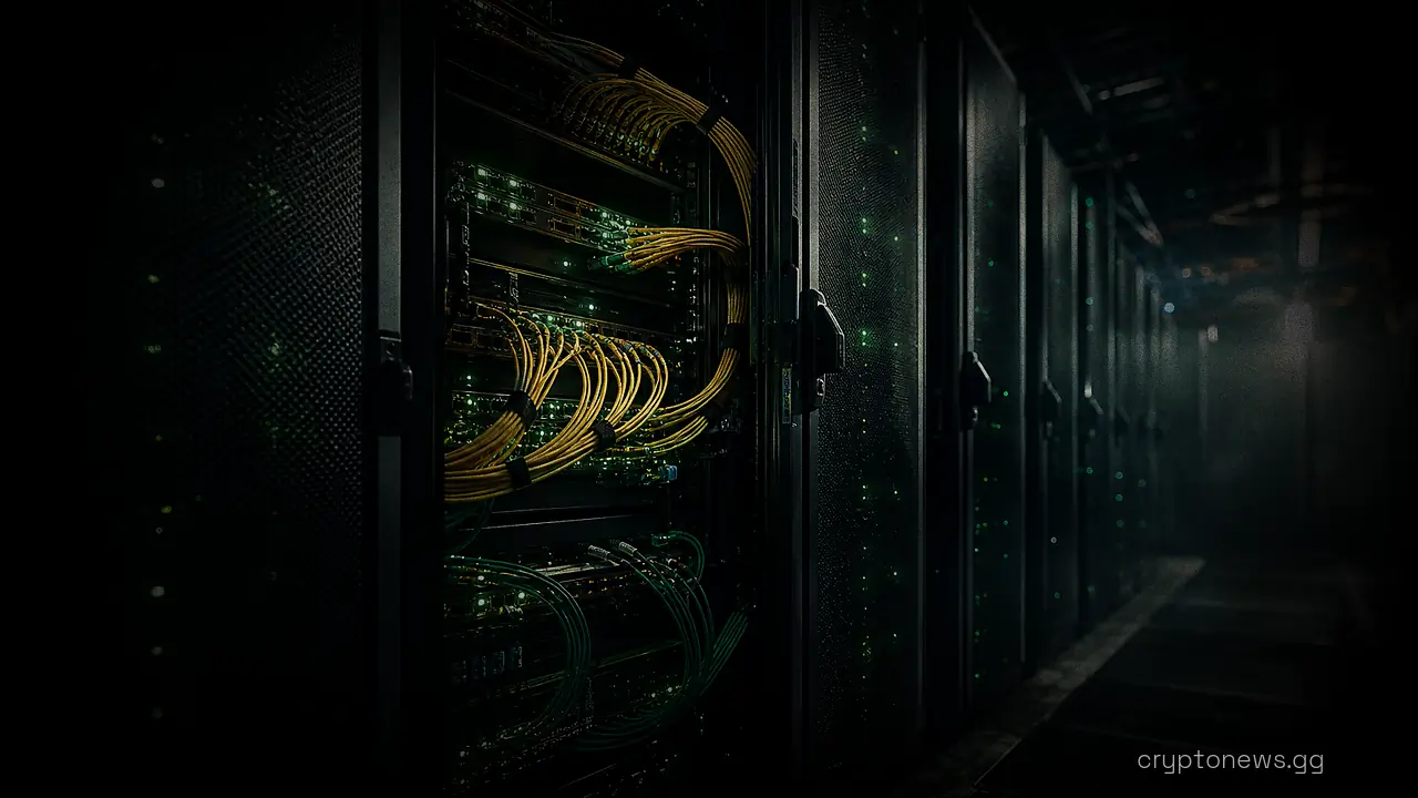 An open server rack in a cooled data hall with fiber cabling routed between machines during maintenance
